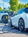 Charge electric vehicle connect to power supply to charging the battery technology industry to transport in public location on