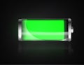 Charged battery. Full charge battery. Battery charging status indicator. Glass realistic power green battery Royalty Free Stock Photo