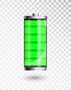 Charged battery. Full charge battery. Battery charging status indicator. Glass realistic power green battery