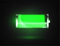 Charged battery. Full charge battery. Battery charging status indicator. Glass realistic power green battery illustration on black Royalty Free Stock Photo