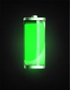 Charged battery. Full charge battery. Battery charging status indicator. Glass realistic power green battery illustration on black Royalty Free Stock Photo