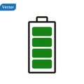 Charged battery. Green Full charge battery. Battery charging status indicator. Glass realistic power green battery illustration on Royalty Free Stock Photo