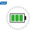 Charged battery. Green Full charge battery. Battery charging status indicator. Glass realistic power green battery illustration on Royalty Free Stock Photo