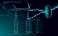 Charged polygonal alkaline battery power line. High voltage electrical tower pylon. Lightning thunder low poly polygon