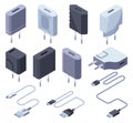 Charger isometric icons set. USB socket plug in. Mobile phone chargers, charging equipment. Vector illustration for web Royalty Free Stock Photo