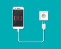 Charger with phone for charge battery of smartphone. Low level of charge in cellphone screen. Cable with plug, adapter and socket Royalty Free Stock Photo