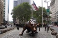 Charging Bull, aka the Wall Street Bull, bronze sculpture on Broadway at Bowling Green, New York, NY