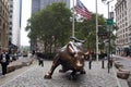 Charging Bull, aka the Wall Street Bull, bronze sculpture on Broadway at Bowling Green, New York, NY Royalty Free Stock Photo