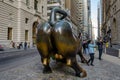 Famous Charging Bull Bronze Sculpture. Bull of Wall Street Back in Financial District, Manhattan, New York City, USA Royalty Free Stock Photo