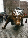 Charging Bull bronze sculpture where people stand in a line to take pictures touching the bulls testicles