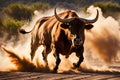 Charging Bull Captured in Mid-Motion: Muscles Taut and Nostrils Flared, Sparse Dust Clouds Swirling