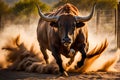 Charging Bull Captured in Mid-Motion: Muscles Taut and Nostrils Flared, Sparse Dust Clouds Swirling