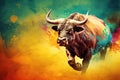 Charging Bull on Colorful Red, Yellow, Green Background, Generative AI