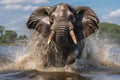 charging bull elephant splashing through water