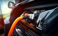 Charging Electric Car Close-Up Battery Boost. AI Royalty Free Stock Photo