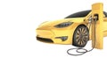 Charging electric city car in yellow clorour. Electromobility and ecology