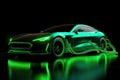 Charging electric sports car in green color. E-Mobility and ecology.