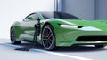 Charging electric sports car in green color. E-Mobility and ecology.