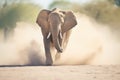 a charging elephant kicking up dust in the savannah Royalty Free Stock Photo