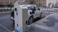 Charging modern electric cars on the street station in Budapest