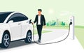 Electric Car Charging with Man Holding Charger Plug from Renewable Energy Royalty Free Stock Photo