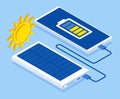 Charging smartphone phone from the solar battery. Alternative electricity source Isometric illustration.