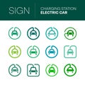 Charging station electric cars signs set. Icon refueling electric car. Logo parking for recharge charge ecotransport