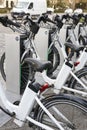 Charging urban electric battery bikes in the city. Eco transport