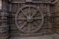 A chariot wheel carved into the wall of the 13th century Konark Sun Temple, Odisha, India. Royalty Free Stock Photo