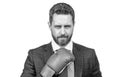 charisma. boss show power and authority. strong businessman in boxing gloves. successful ceo boxer Royalty Free Stock Photo