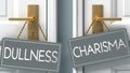 Charisma or dullness as a choice in life - pictured as words dullness, charisma on doors to show that dullness and charisma are Royalty Free Stock Photo