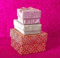 Charismas gift box, birthday theme banner on pink glitter background Royalty Free Stock Photo