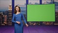 Charismatic anchorwoman talking green screen tv studio. Woman lighting news Royalty Free Stock Photo