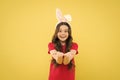 Charismatic baby advertising easter topic. Look here. Little child celebrate Easter. Small child Easter style. Bunny