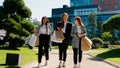 Charismatic beautiful lady meeting her friends at the shopping in the middle of the street three ladies happy walking in Royalty Free Stock Photo