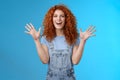 Charismatic bright happy amused redhead good-looking summer ginger girl raise hands delighted cheering flattered smiling