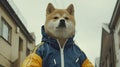 a charismatic fat Shiba Inu strikes a pose in a sleek blue tracksuit, accentuated by bold yellow striping along the
