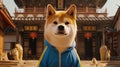 a charismatic fat Shiba Inu strikes a pose in a sleek blue tracksuit, accentuated by bold yellow striping along the