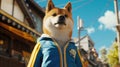 a charismatic fat Shiba Inu strikes a pose in a sleek blue tracksuit, accentuated by bold yellow striping along the