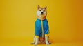 a charismatic fat Shiba Inu strikes a pose in a sleek blue tracksuit, accentuated by bold yellow striping along the