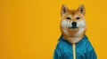 a charismatic fat Shiba Inu strikes a pose in a sleek blue tracksuit, accentuated by bold yellow striping along the