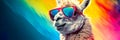 charismatic llama wearing oversized, vibrant sunglasses and striking a pose against a rainbow-colored backdrop