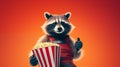 A charismatic raccoon dressed in a red superhero costume gives a thumbs up while holding a popcorn cup, against a Royalty Free Stock Photo