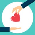 Charitable donation. The hand extends the heart to the palm of the person. Helping those in need. Vector illustration