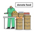 Charitable organization And Food Donation Concept. Volunteer Male Character Shelter Worker Is Waiting For Donations