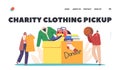 Charity Clothing Pickup Landing Page Template. Donation and Charity Concept. Tiny Volunteers Bringing Clothes to Box