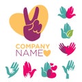 Charity company emblems set with colorful human hands