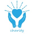 charity concept illustration. flat blue hands with silhouette heart and lines on white background