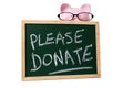 Charity donation box message, piggy bank wearing glasses, isolated on white Royalty Free Stock Photo