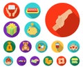 Charity and donation flat icons in set collection for design. Material aid vector symbol stock web illustration.